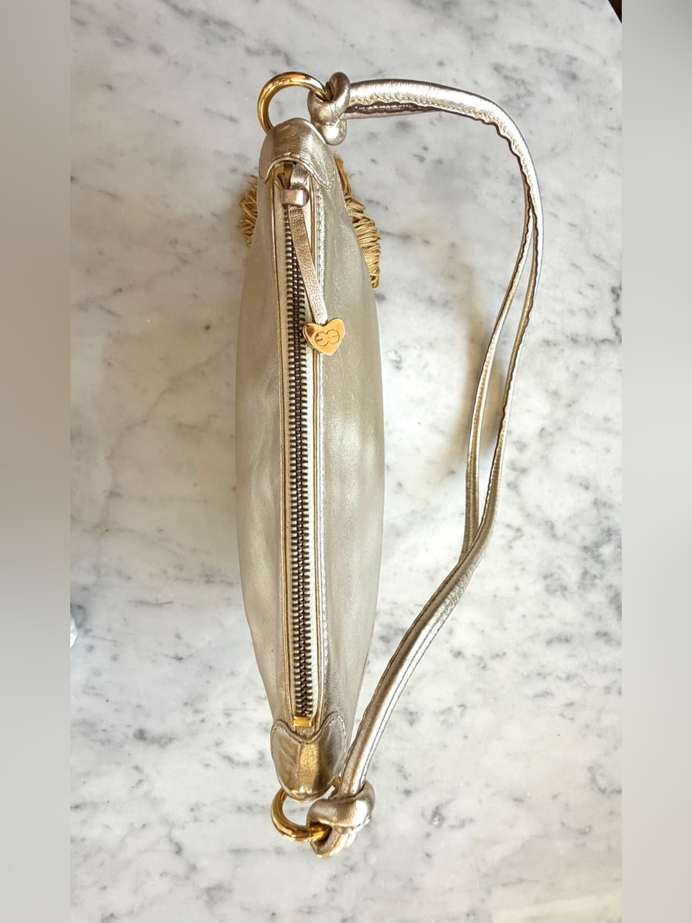 Escada Leather Shoulder Bag, zip, double strap, tassel charm, gold, EUC - Picture 9 of 15